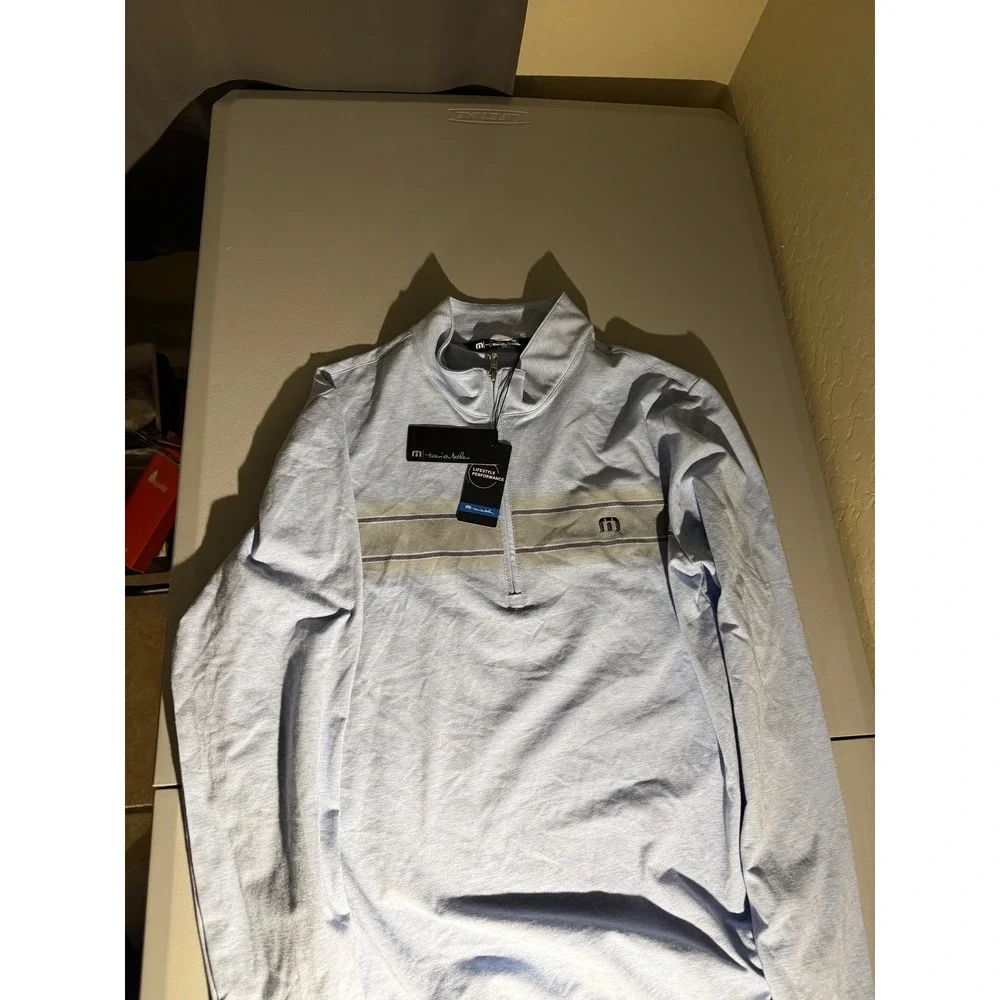 Travis Mathew Mens Blue Heathered Quarter Zip Pullover Chest Stripe Large NWT